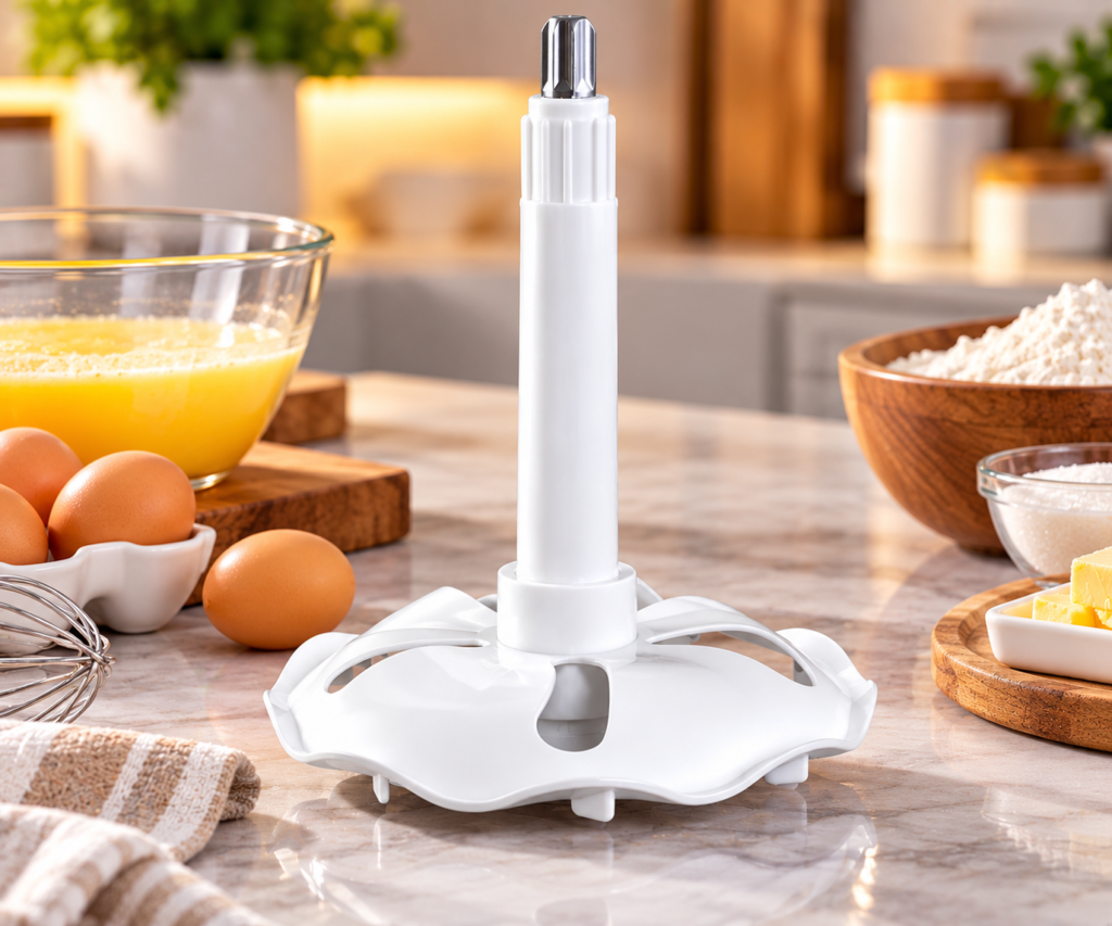White Mixer Attachment in a Cozy Baking Kitchen
